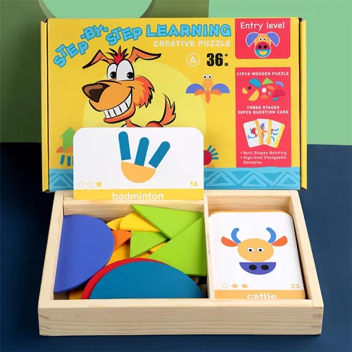 Magnetická drevená hra tangram s anglickými kartami, úroveň začiatočník
