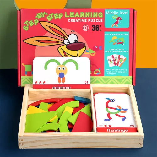 Magnetická stolová hra tangram s anglickými kartami, stredne pokročilá úroveň