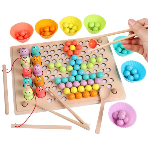 Drevená hračka 2 v 1 Montessori rybárčenie a loptička puzzle