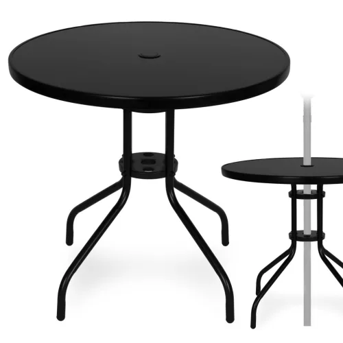 Okrúhly záhradný stôl s kovovým rámom 80 cm z tvrdého skla, čierny